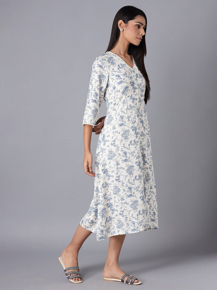 W Women White & Blue Floral A-Line Midi Dress