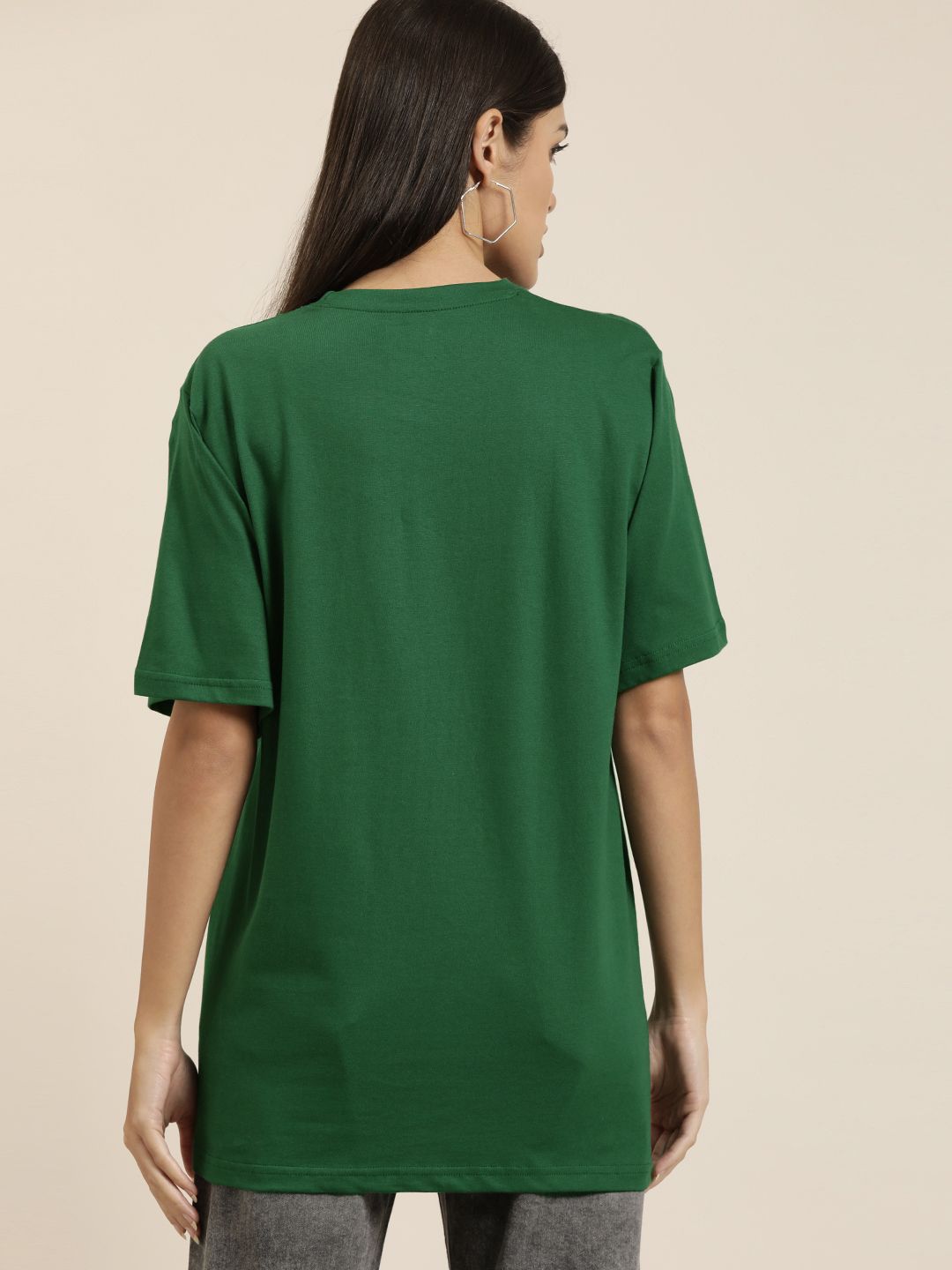 DILLINGER Women Green Solid Pure Cotton Oversized T-shirt