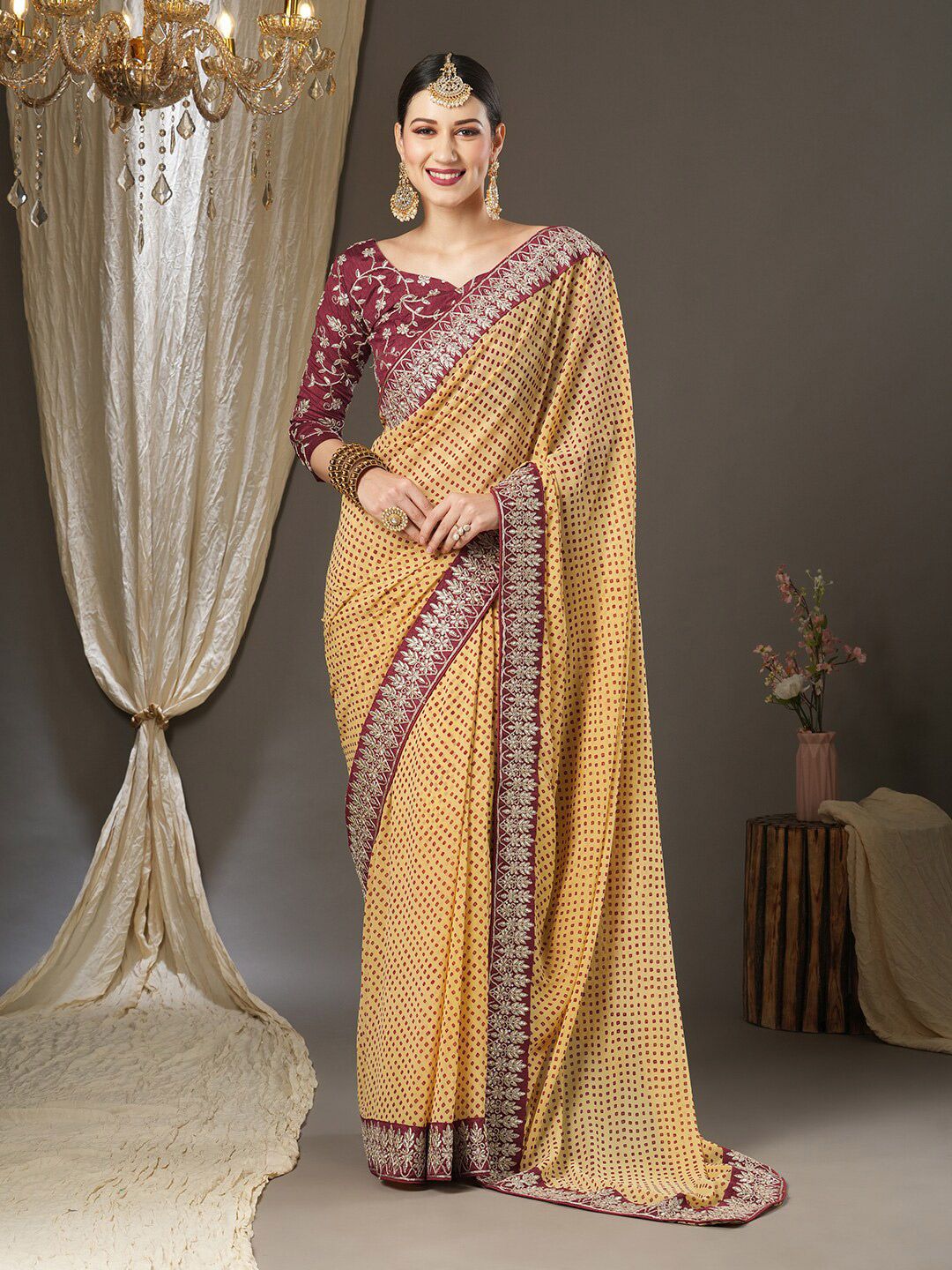 Saree mall Bandhani Printed Embroidered Border Poly Georgette Sarees
