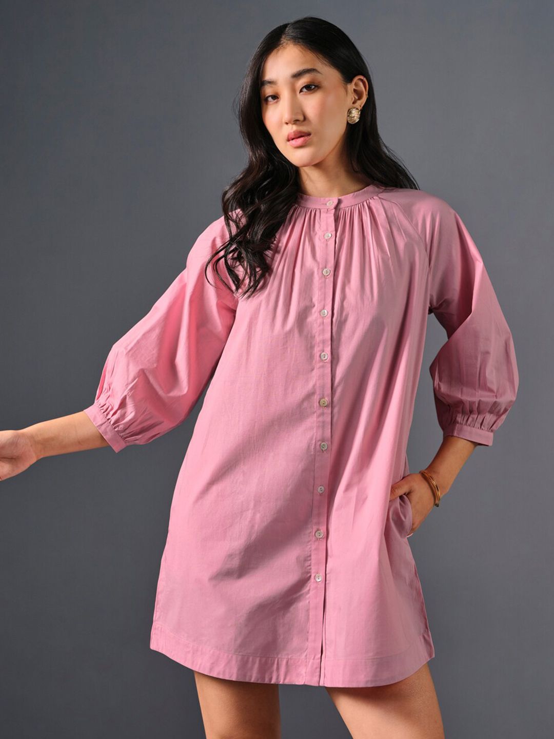 AND Puff Sleeve Sheath Pure Cotton Dress