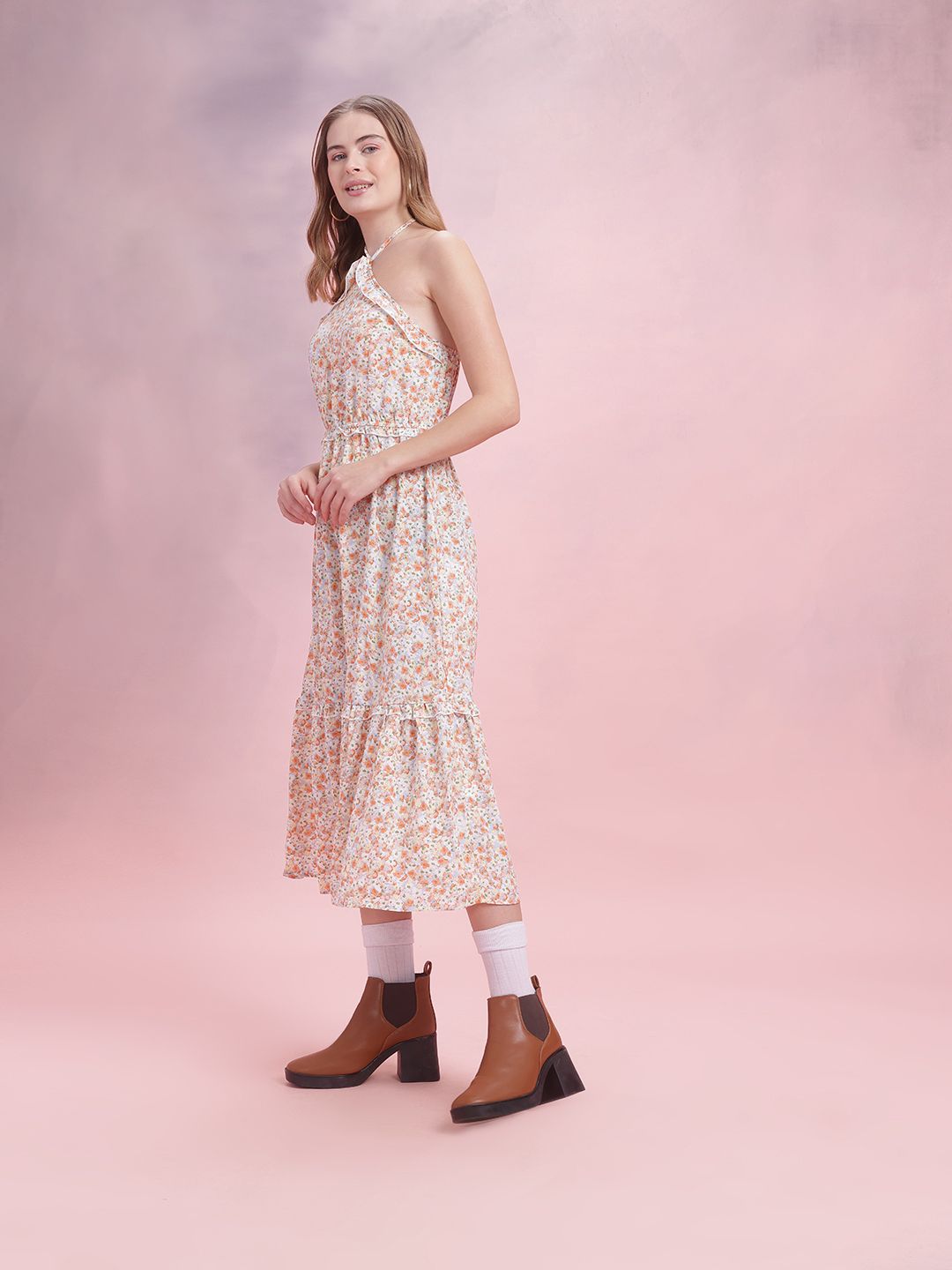 DressBerry Floral Print Halter Neck A-Line Midi Dress
