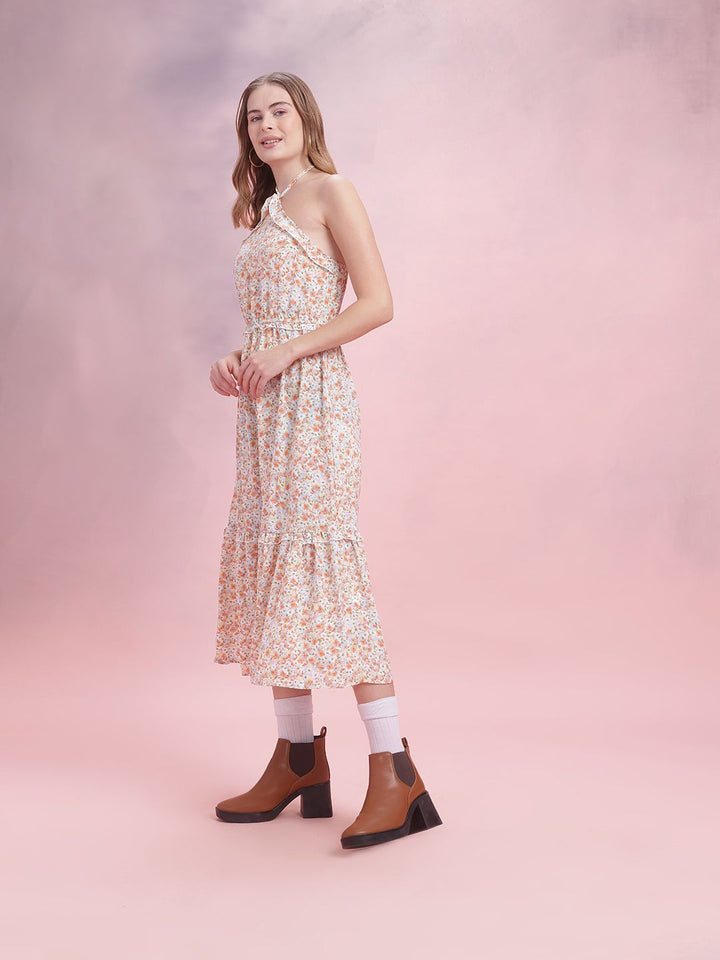 DressBerry Floral Print Halter Neck A-Line Midi Dress