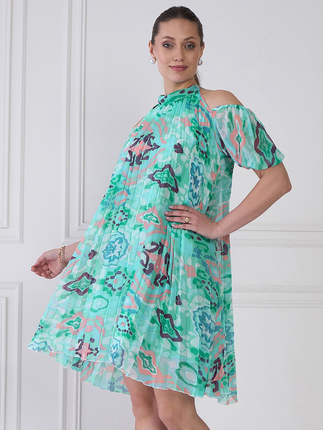 Antheaa Sea Blue Floral Print Halter Neck Pleated A-Line Dress