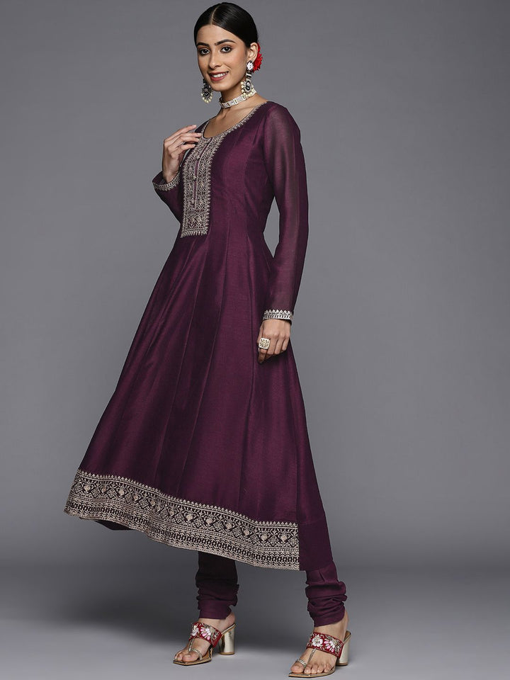 Libas Women Burgundy Floral Motifs Embroidered Sequinned Kurta with Churidar & Dupatta