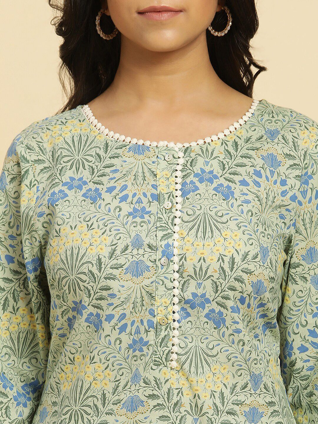 W Green Floral Printed Keyhole Neck Gotta Patti Cotton A-Line Kurta