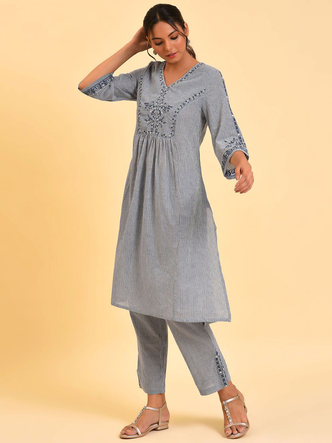 W Blue & White Striped Thread Work A-Line Pure Cotton Kurta with Trousers