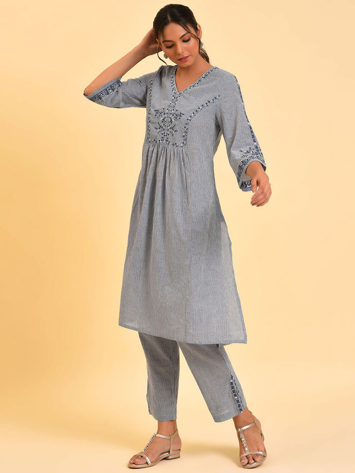 W Blue & White Striped Thread Work A-Line Pure Cotton Kurta with Trousers