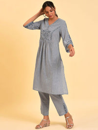 W Blue & White Striped Thread Work A-Line Pure Cotton Kurta with Trousers