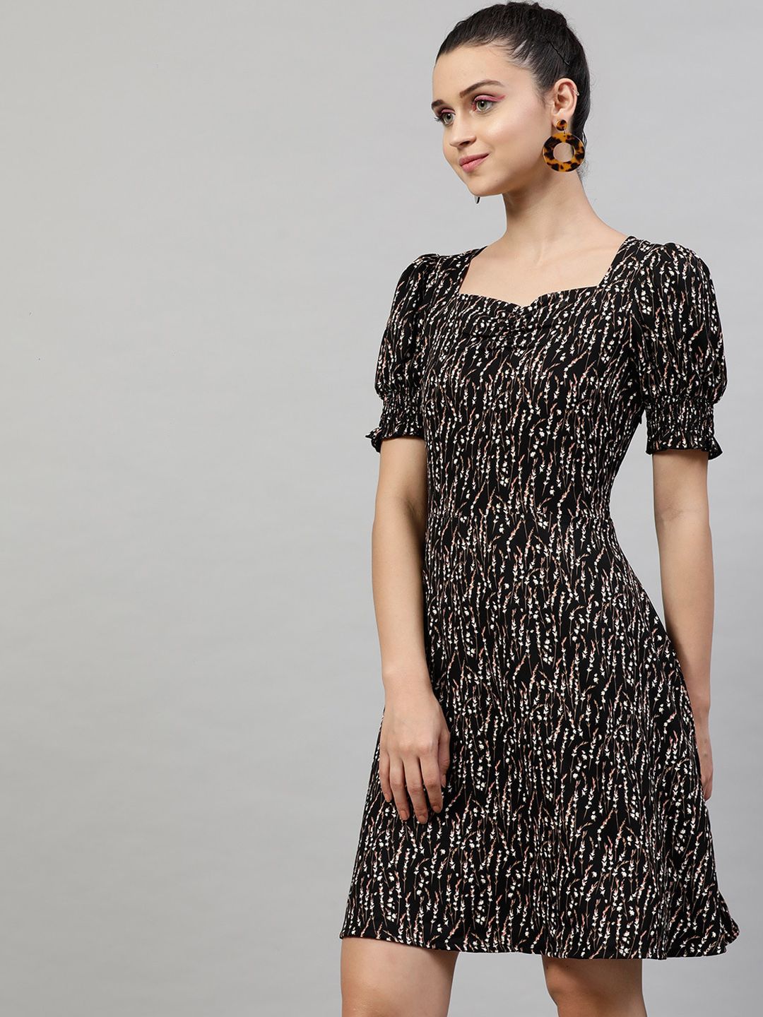 STREET 9 Women Black & Pink Floral Printed A-Line Dress