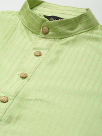 SOJANYA Men Green Striped Kurta with Churidar & Nehru Jacket