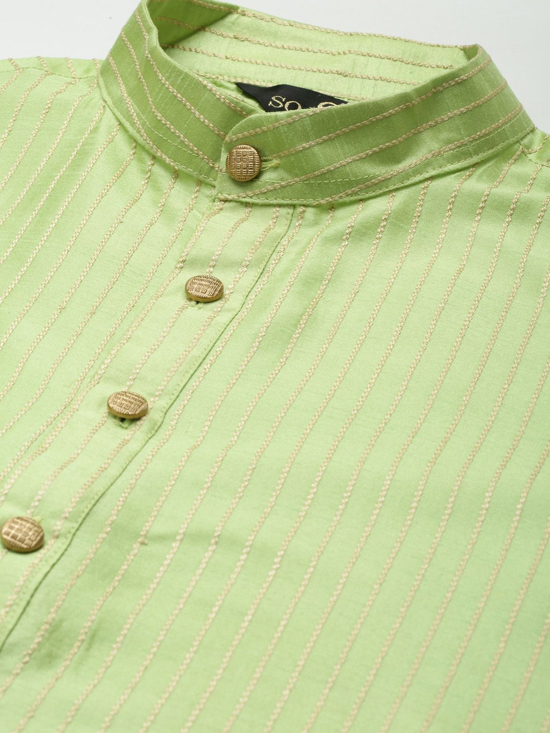 SOJANYA Men Green Striped Kurta with Churidar & Nehru Jacket