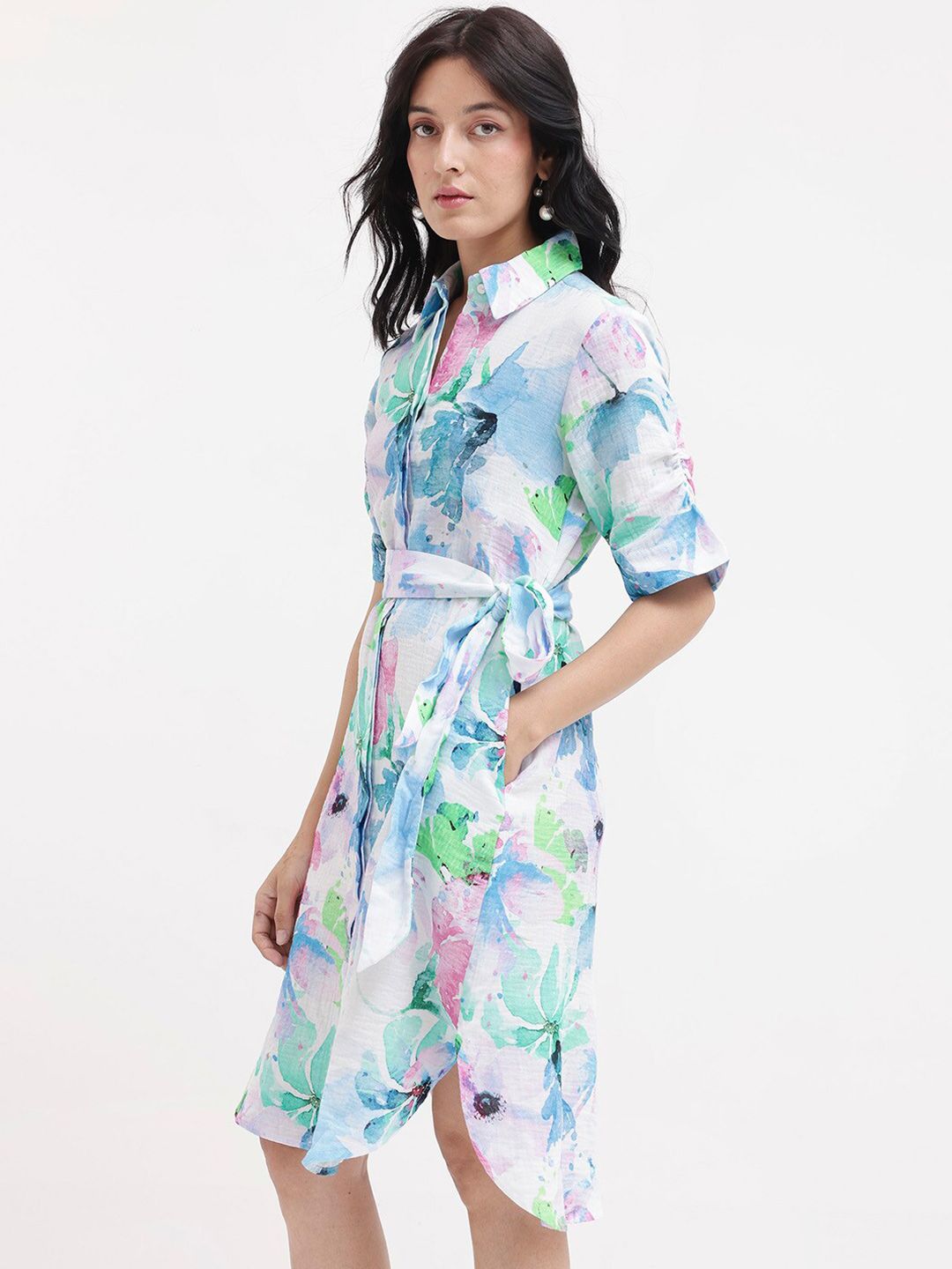 RAREISM Floral Print Knee Length Shirt Dress