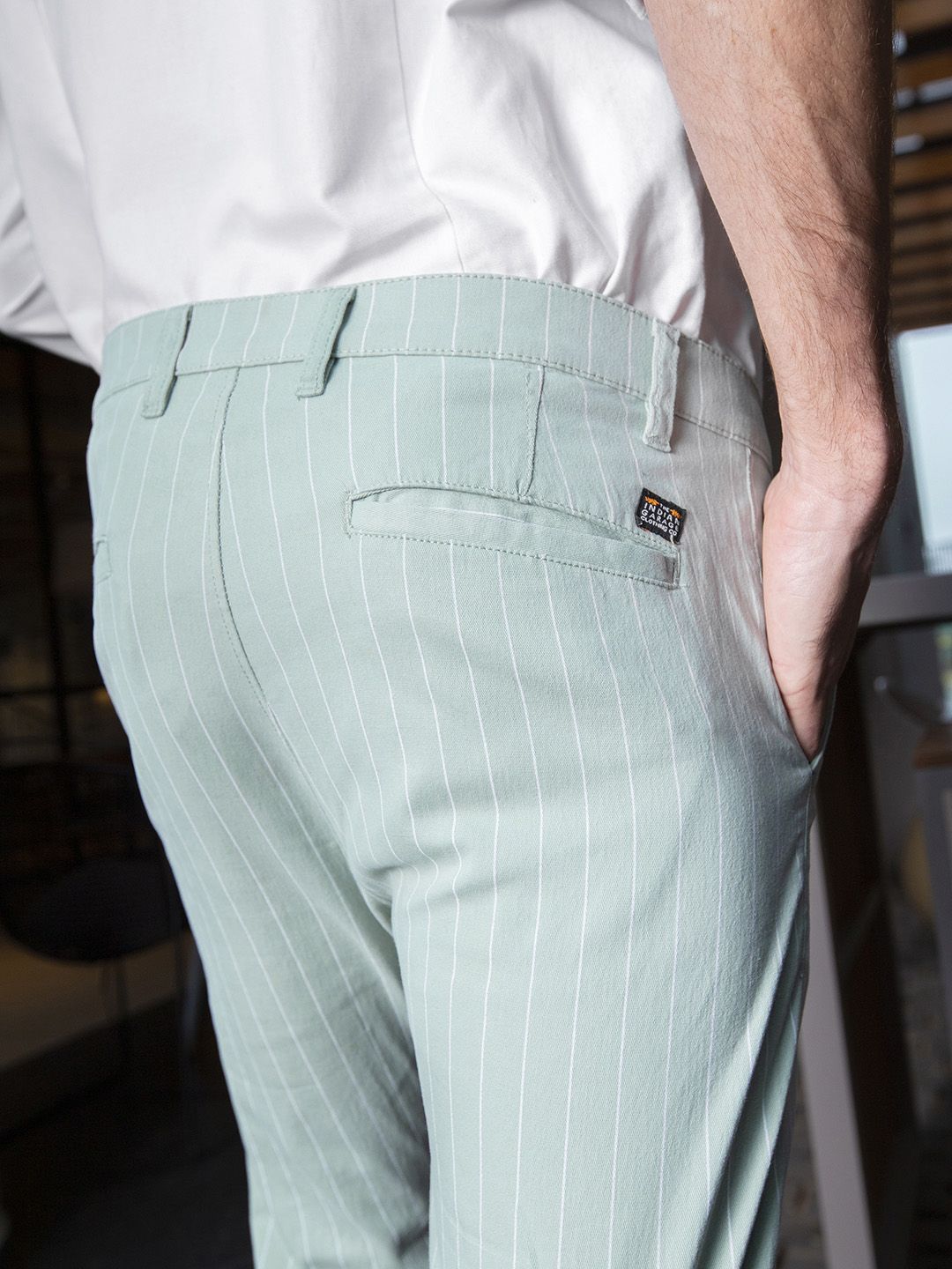 The Indian Garage Co Men Green & White Slim Fit Striped Chinos