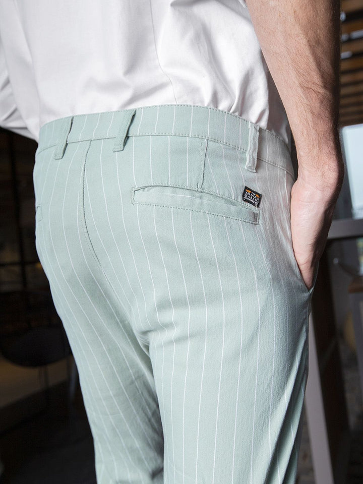 The Indian Garage Co Men Green & White Slim Fit Striped Chinos