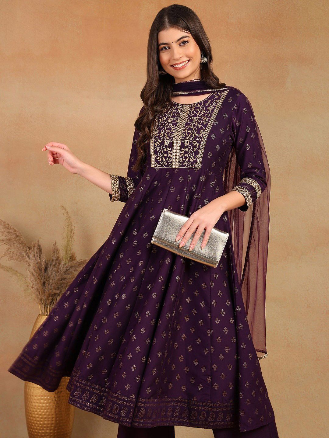 KALINI Ethnic Motifs Printed Anarkali Mirror Work Kurta With Trousers & Dupatta
