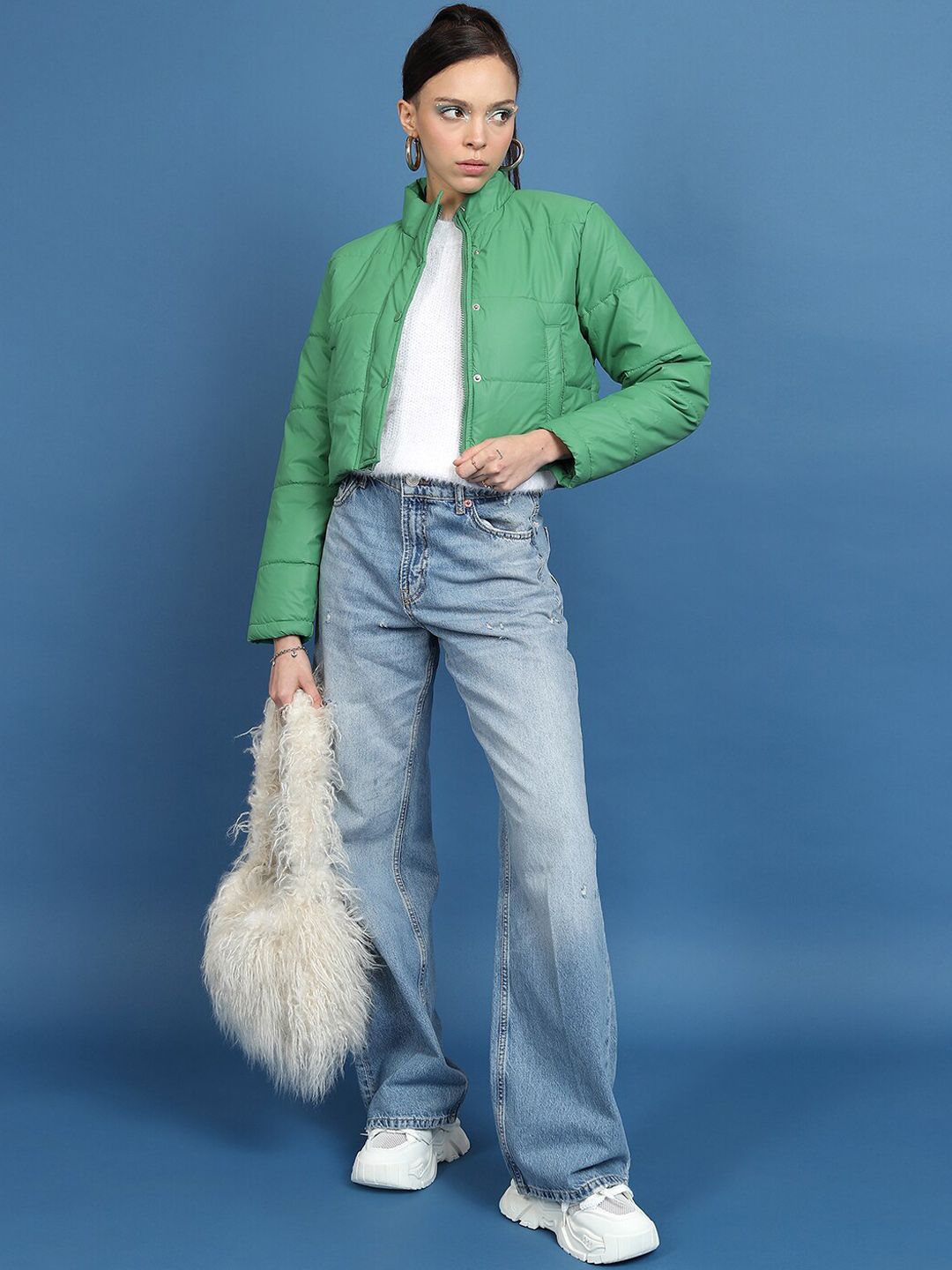 Tokyo Talkies Green Mock Collar Crop Padded Jacket