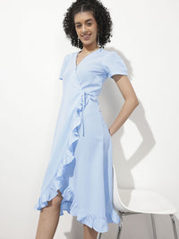 DressBerry Powder Blue Romantic Remix Ruffle Wrap Midi Dress