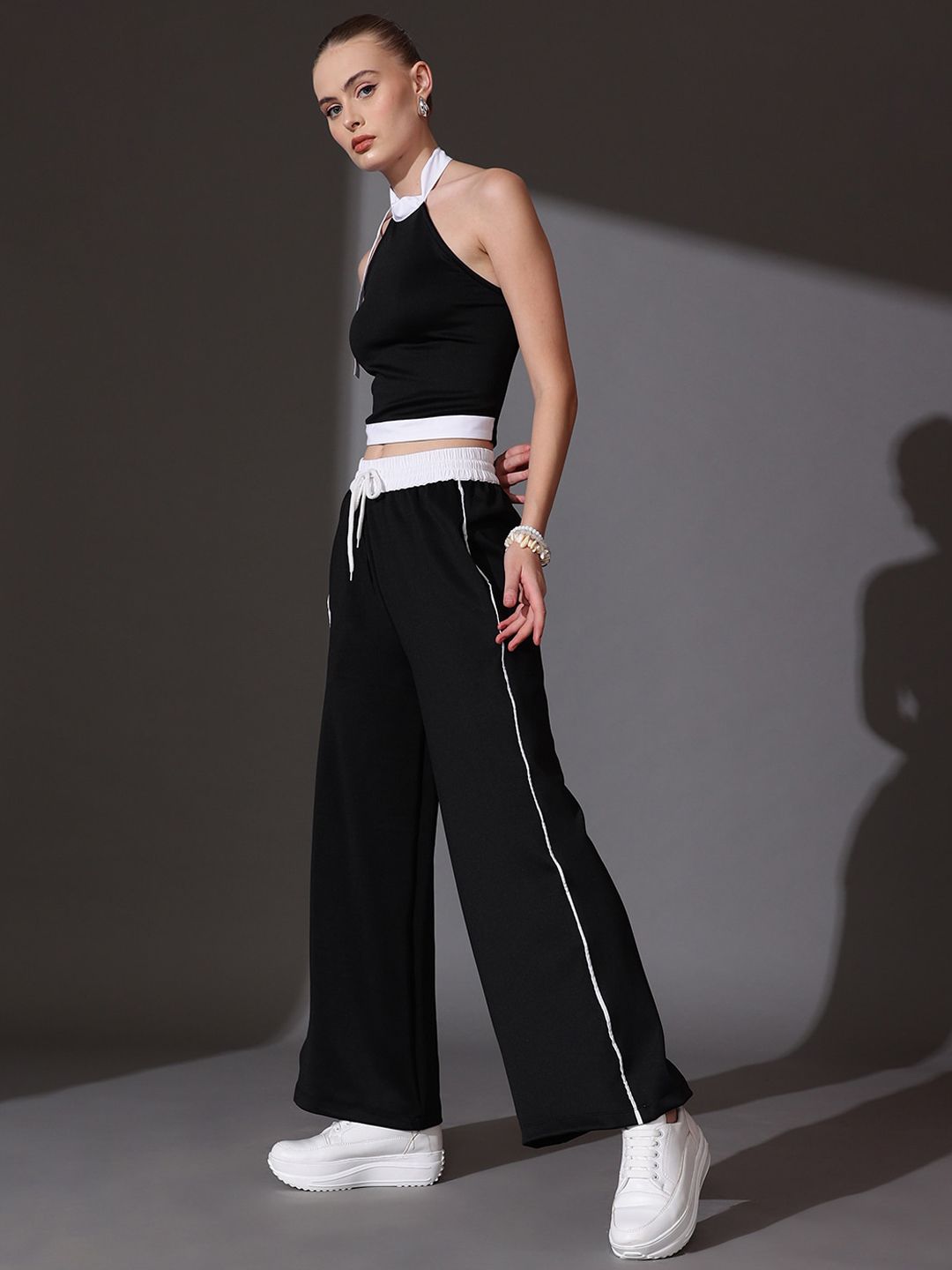 STREET 9 Pure Cotton Solid Halter Neck Top & Trousers Co-Ord Set