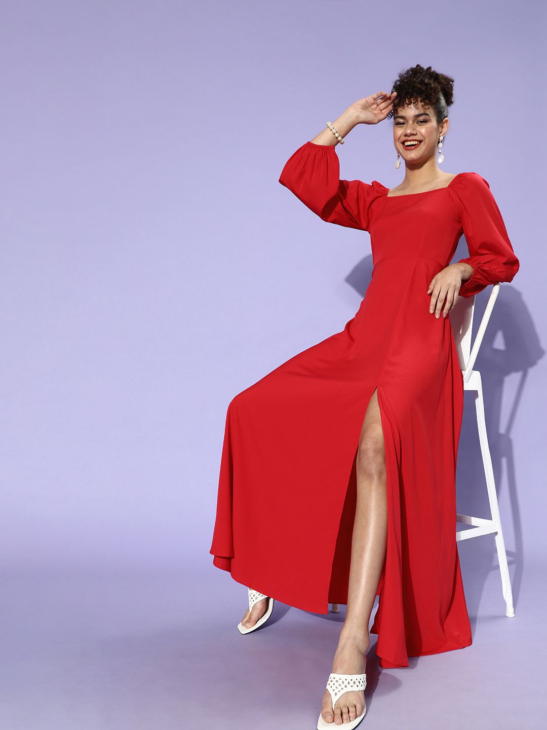 Berrylush Women Red Solid Puff Sleeves Dress