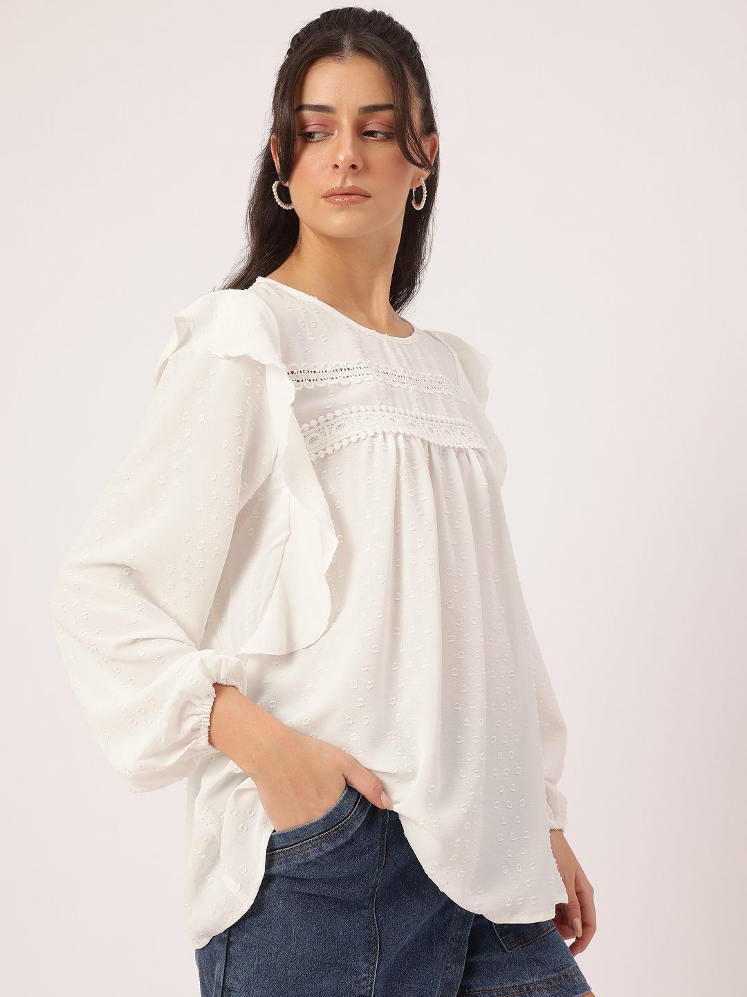 DressBerry Free Spirit Fit Dobby Weave Lace Inserts Ruffled Top