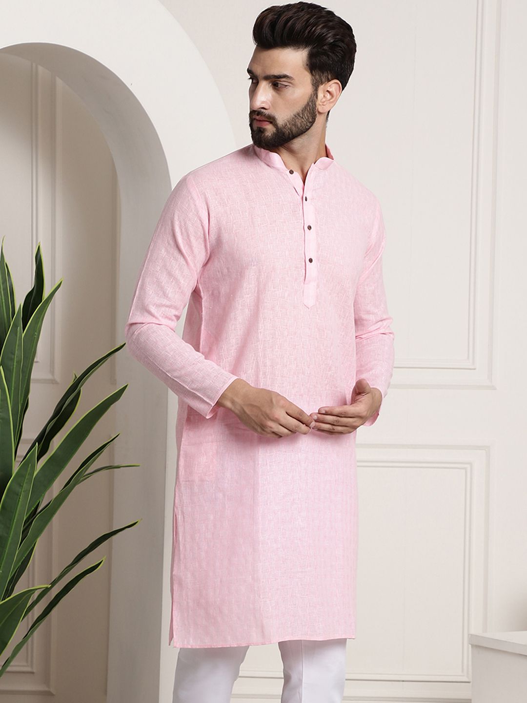 SOJANYA Men Pink Checked Straight Kurta