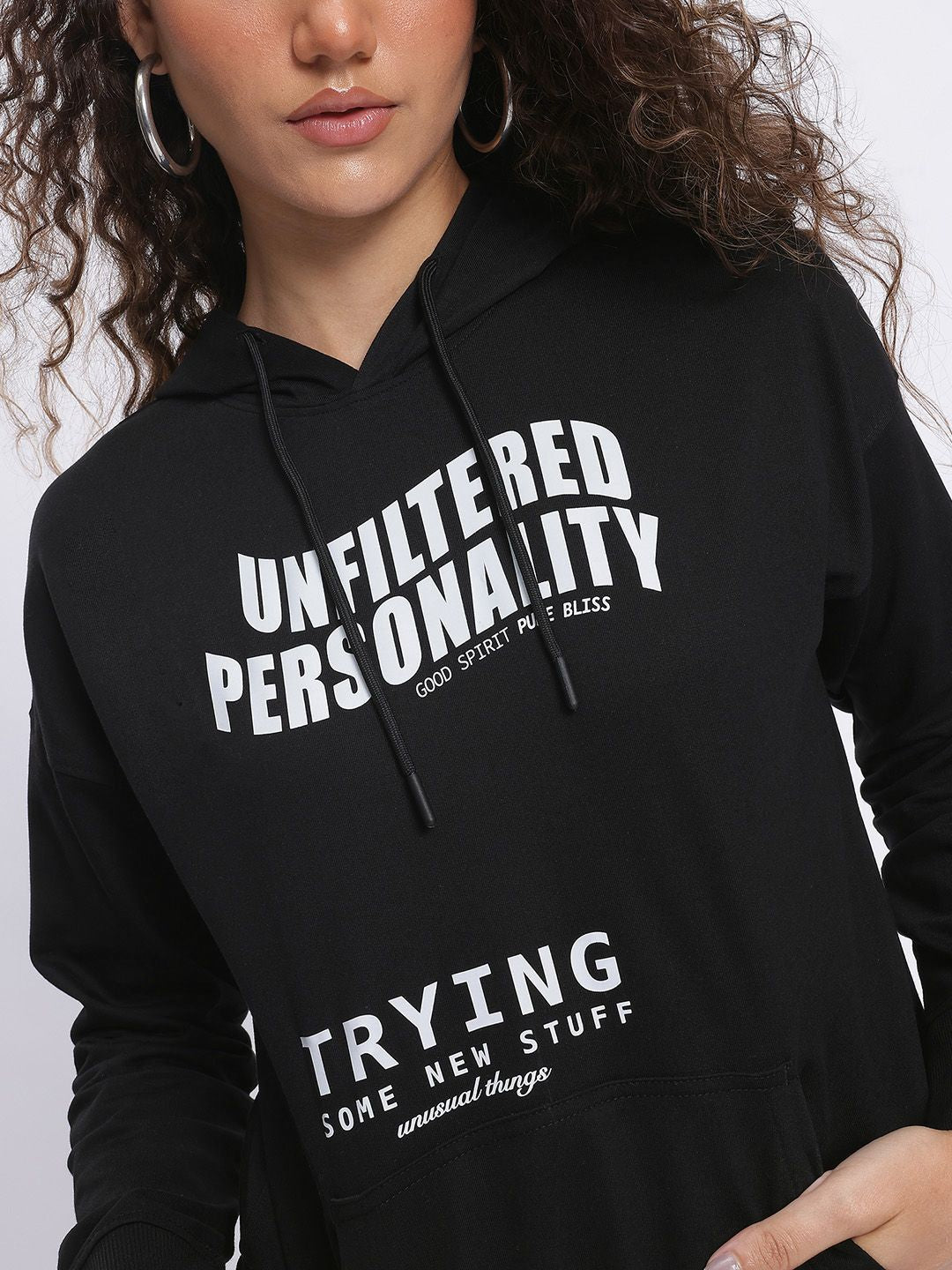 DressBerry Monochrome Typography Print Hooded Drop-Shoulder Sweatshirt