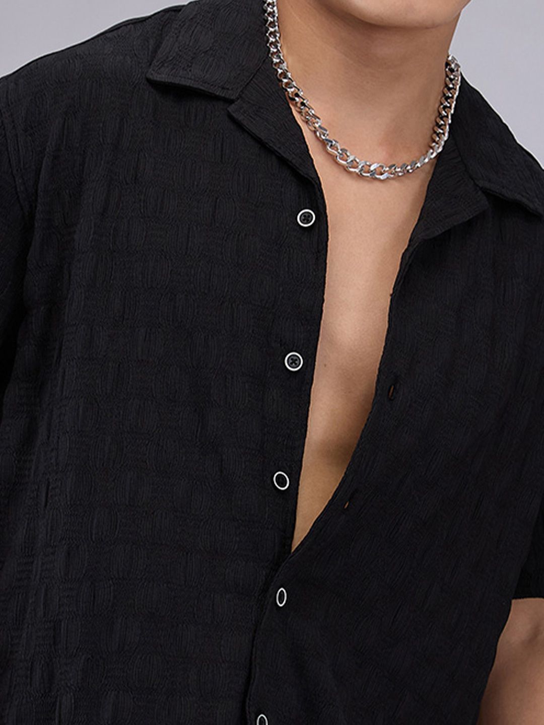 VASTRADO Men Classic Cuban Collar Textured Oversized Casual Shirt