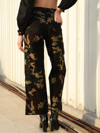 STREET 9 Women Olive Green Camouflage Printed Relaxed High-Rise Cotton Trousers