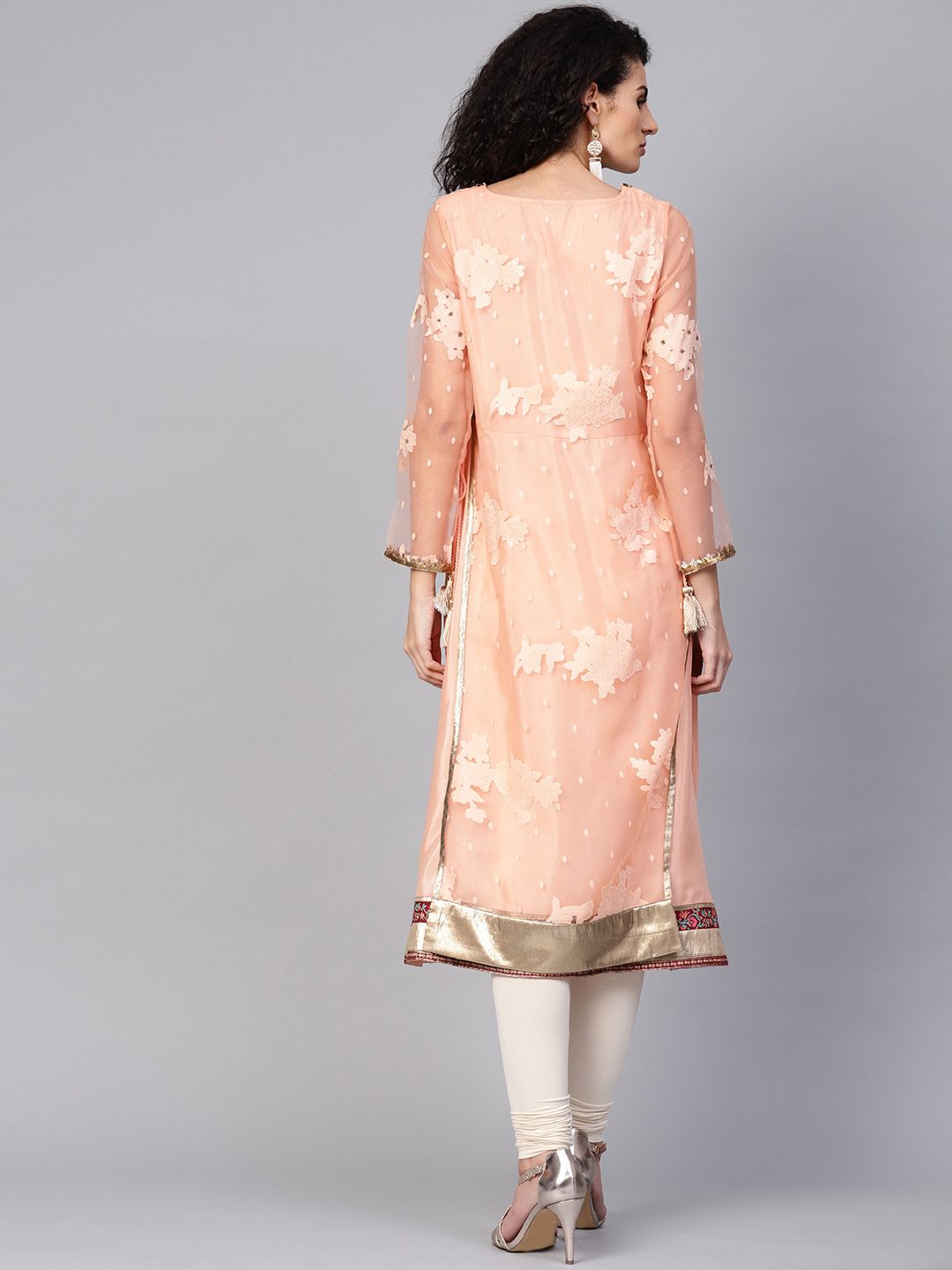 WISHFUL by W Women Peach-Coloured Printed A-Line Layered Kurta