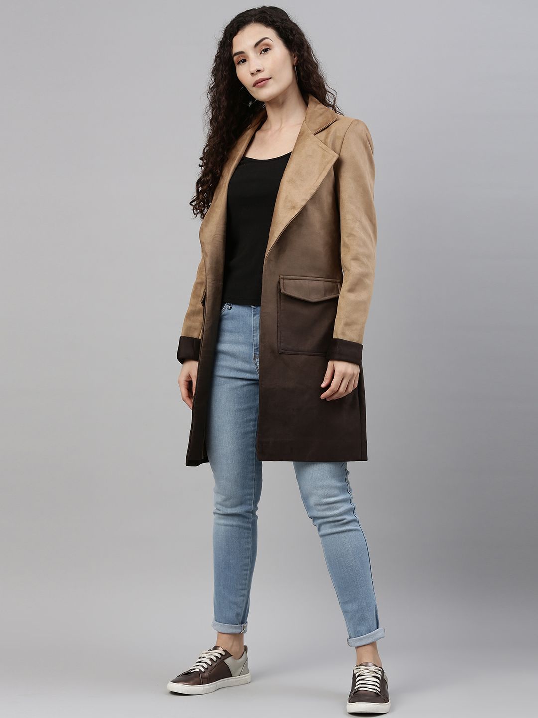 Campus Sutra Women Tan Brown Ombre-Dyed Suede Longline Overcoat