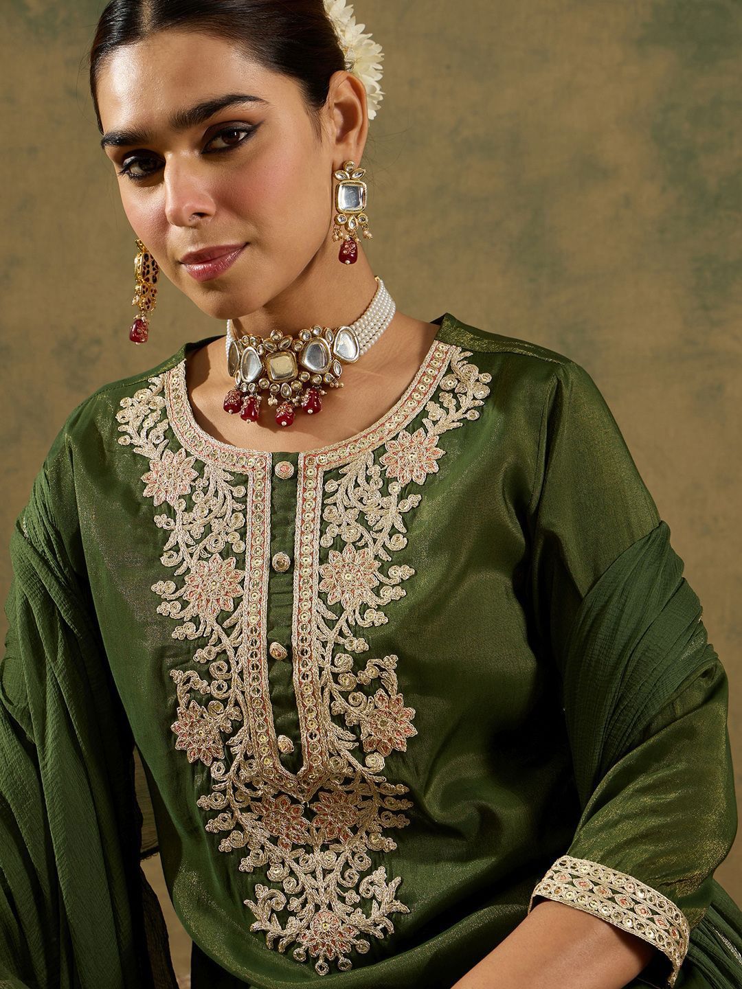 Indo Era Ethnic Motifs Zari Embroidered Kurta with Trouser & Dupatta