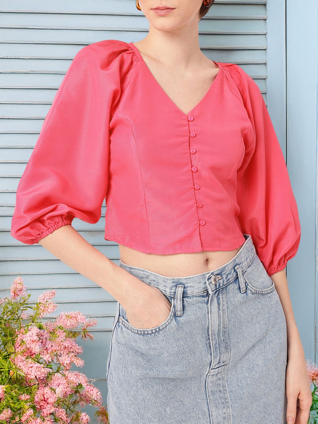 DressBerry Girly Glam Puff Sleeve Shirt Style Crop Top