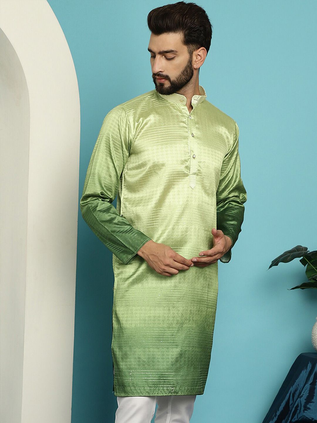 SOJANYA Motif Etnik Rekaan Tenunan Jacquard Mandarin Collar Straight Kurta