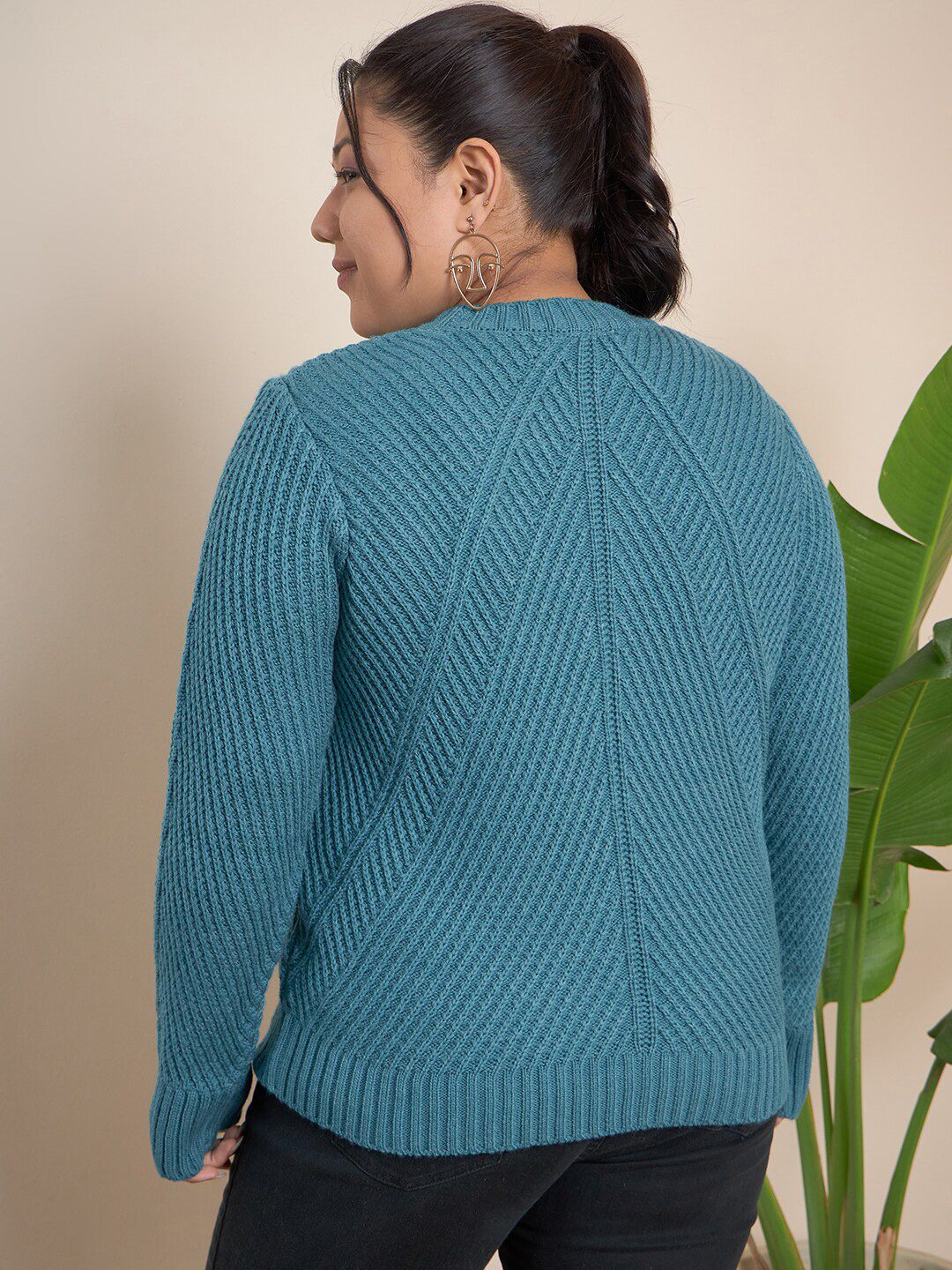 CURVY STREET Cable Knit Self Design Pullover Acrylic Sweater