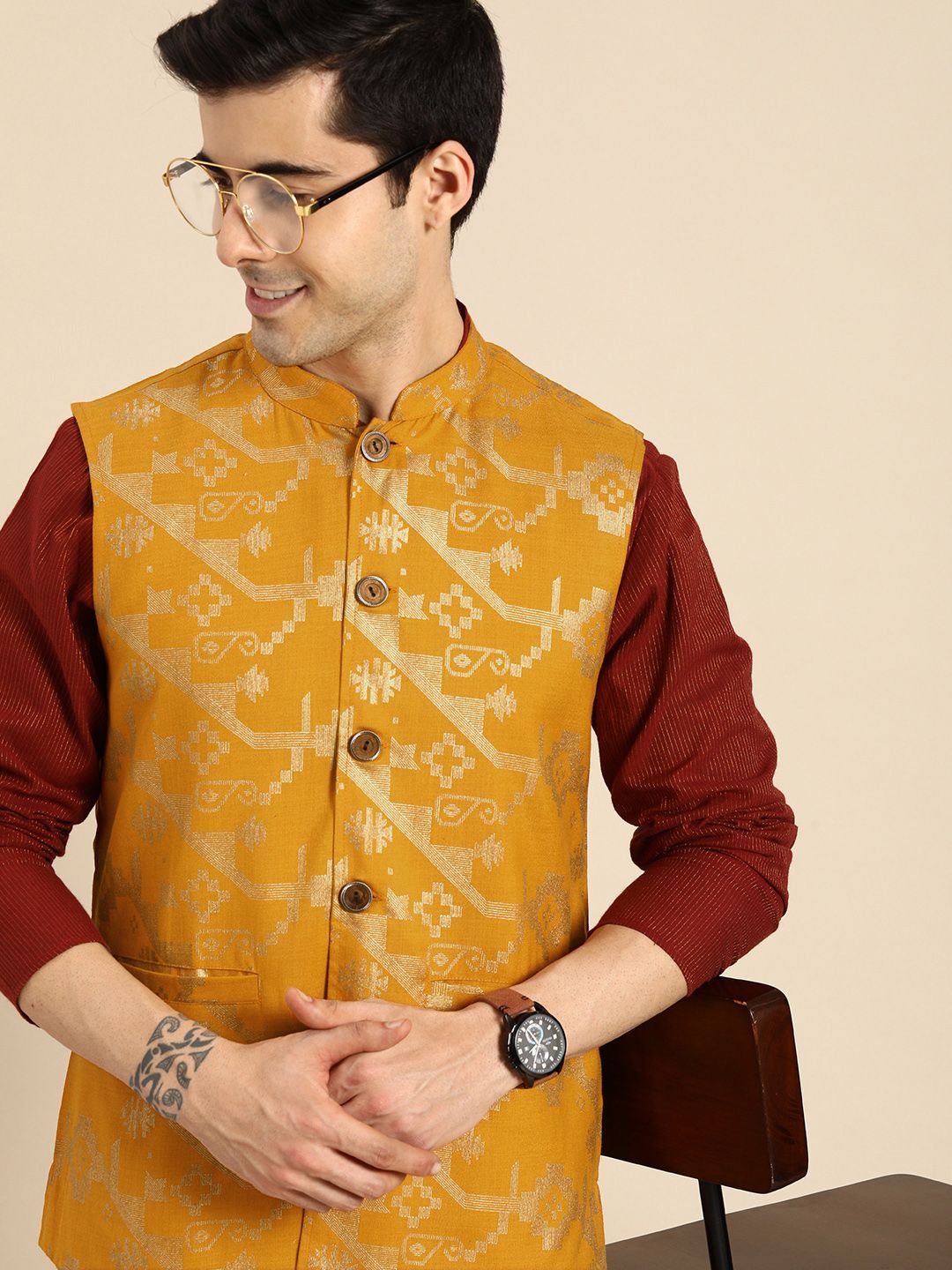 Anouk Men Mustard Yellow & Gold-Toned Printed Nehru Jacket