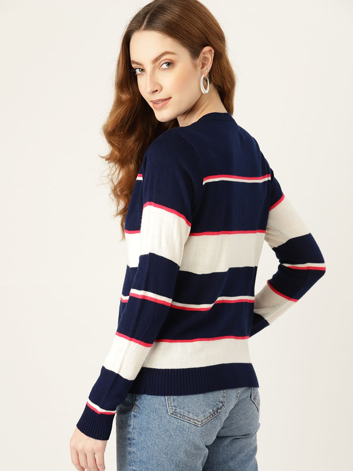 DressBerry Women Navy Blue & White Striped Cardigan