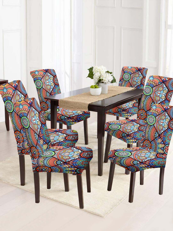 Cortina Orange & Blue 6 Pieces Printed Super Stretchable Chair Covers