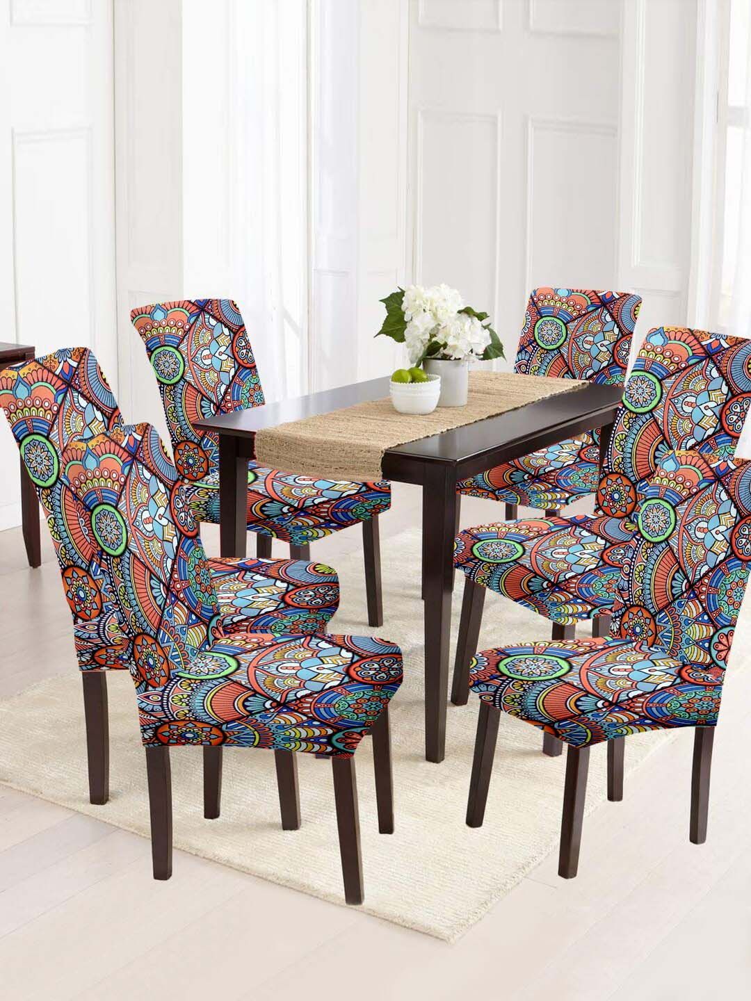 Cortina Orange & Blue 6 Pieces Printed Super Stretchable Chair Covers