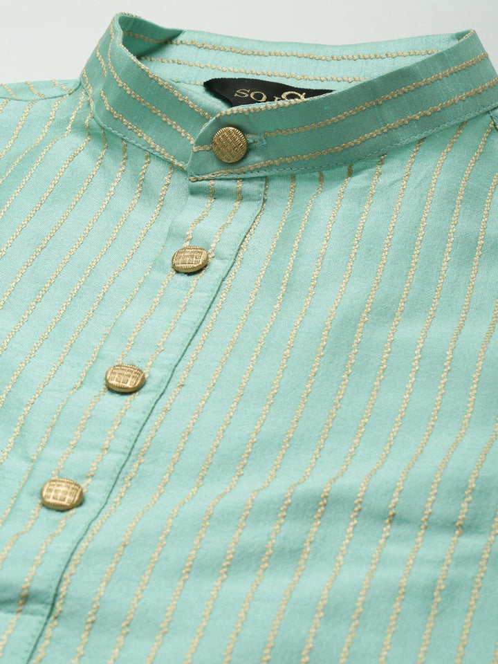 SOJANYA Men Sea Green Striped Kurta with Churidar