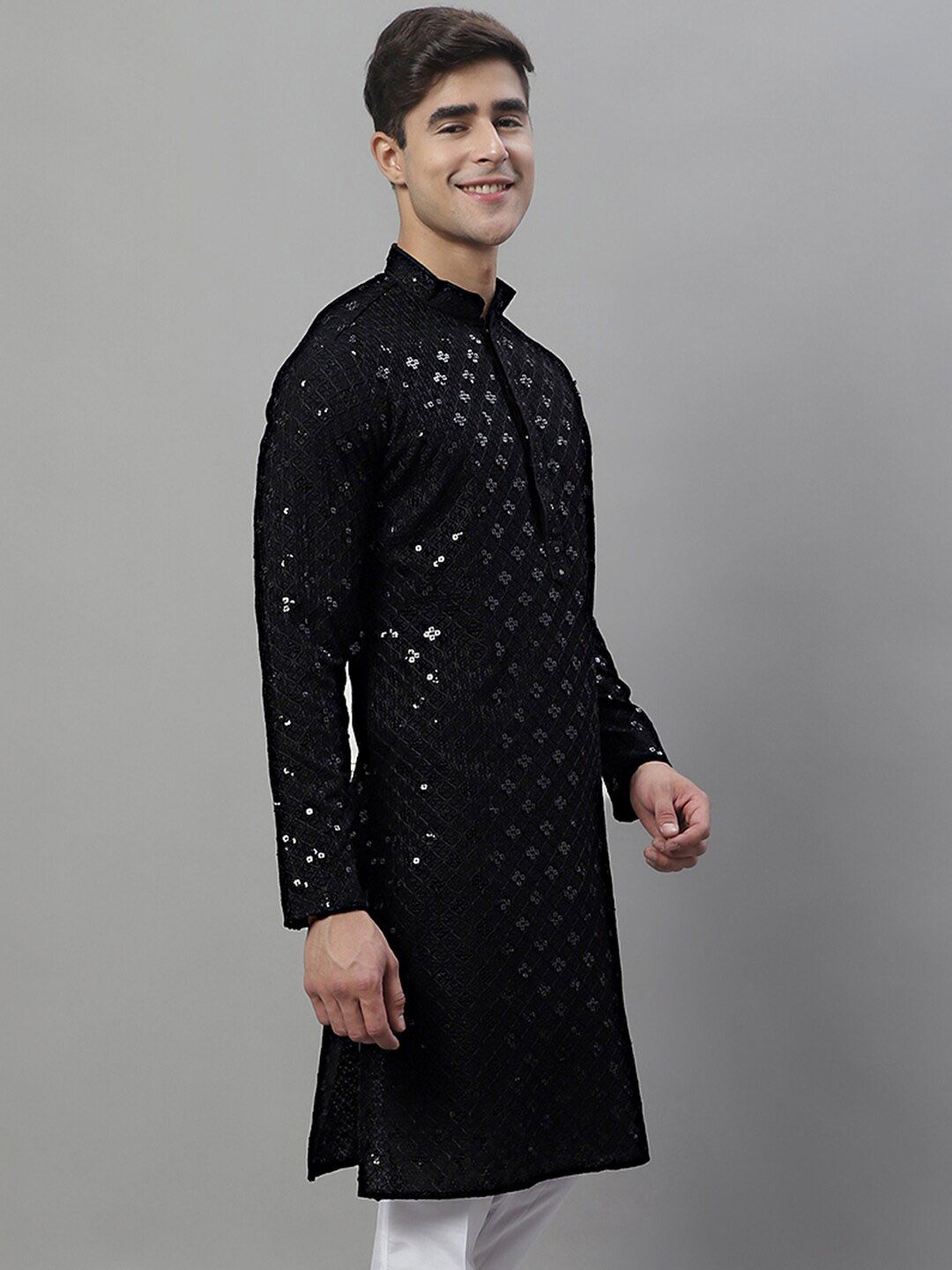 Jompers Mandarin Collar Ethnic Motifs Chikankari Sequined Kurta