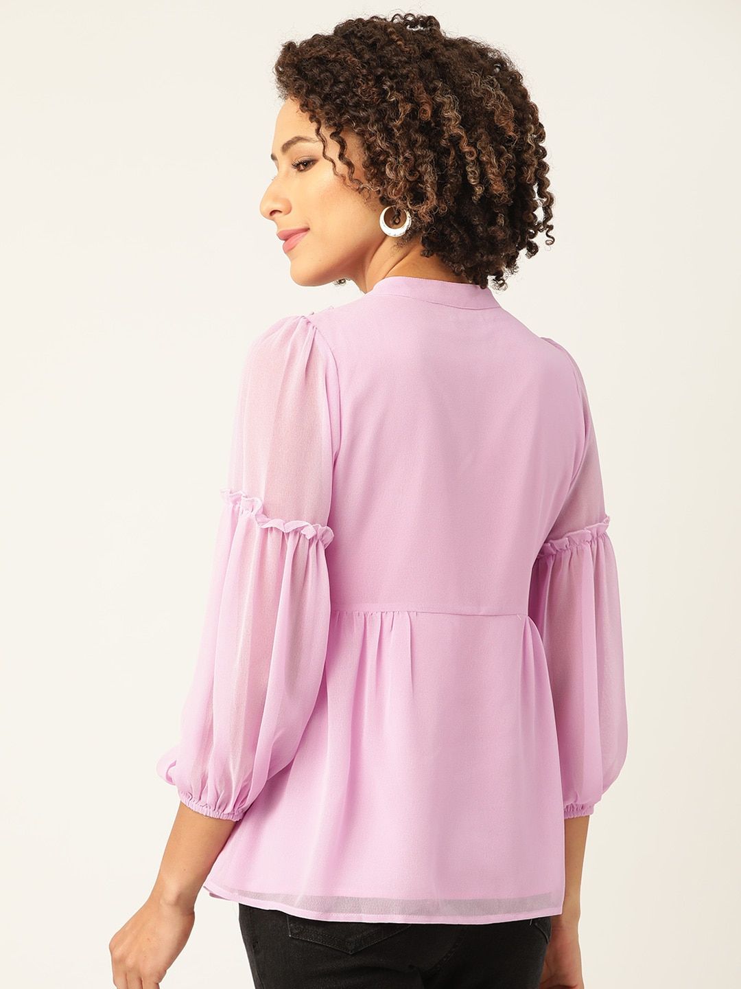 Antheaa Lavender Embroidered Mandarin Collar Puff Sleeves A-Line Top