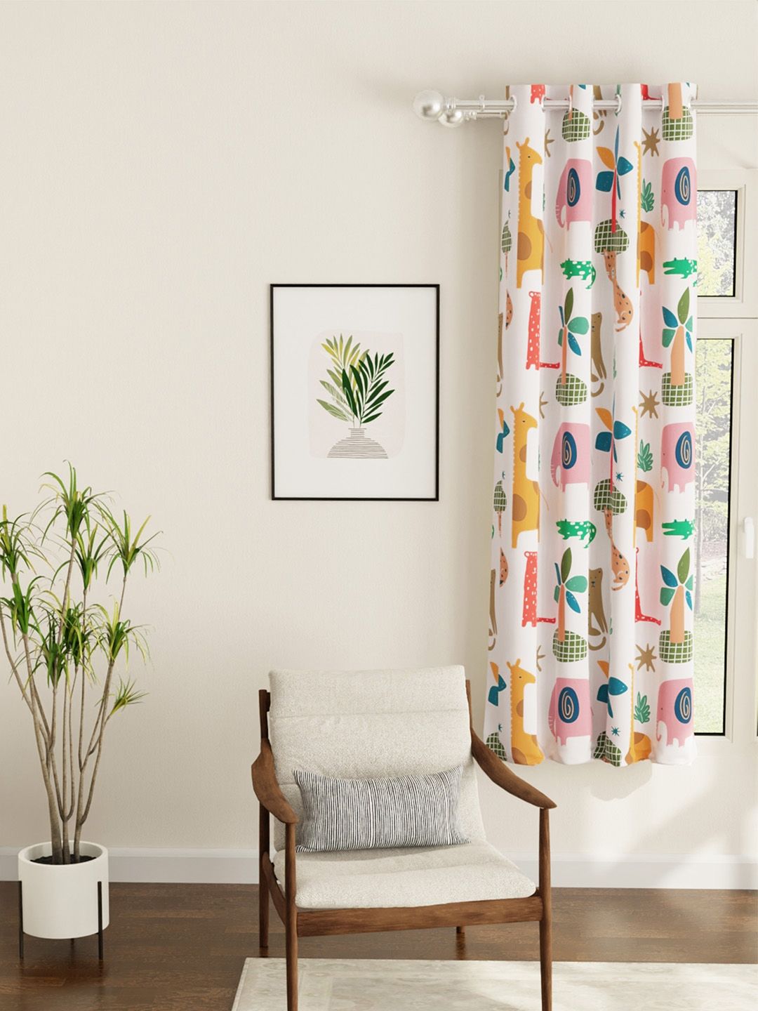 URBAN SPACE White & Green Printed Room Darkening Window Curtain