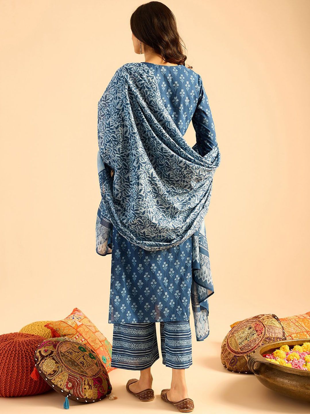 Indo Era Blue Floral Printed V-Neck Pure Cotton Straight Kurta with Palazzo & Dupatta