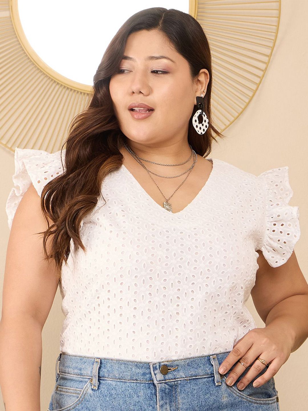 Berrylush Curve Flutter Sleeve Cotton Schiffli Plus Size Top