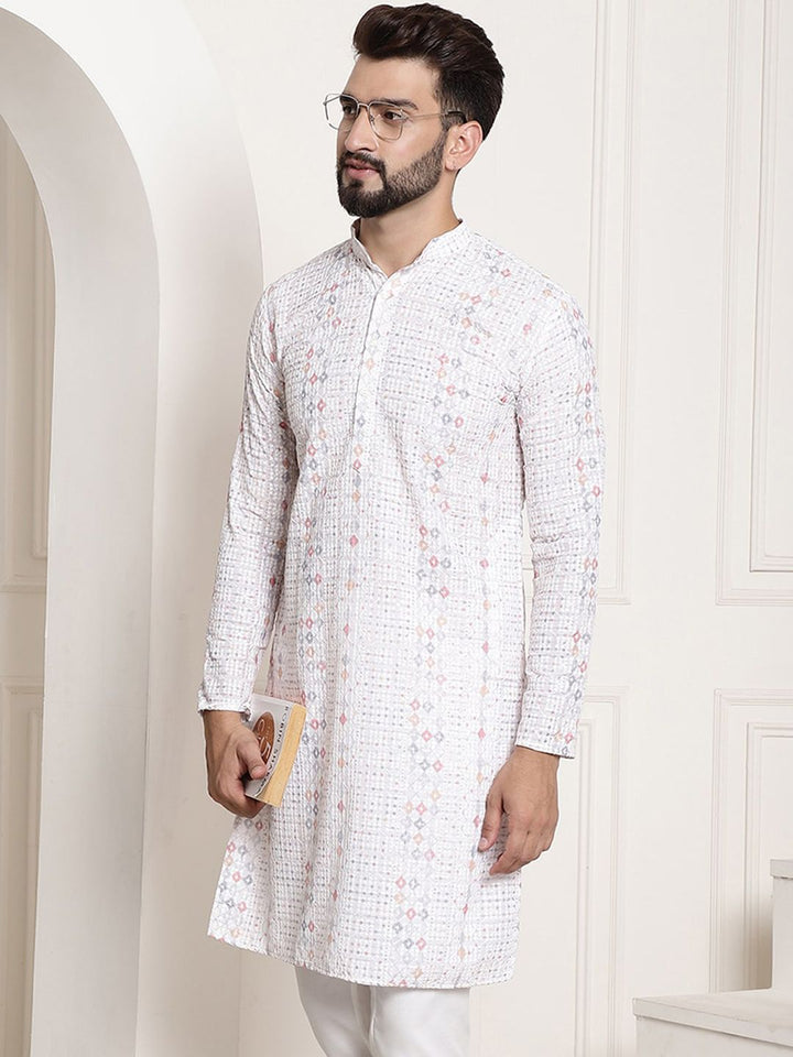 SOJANYA Band Collar Geometric Printed Thread Work Cotton Kurta