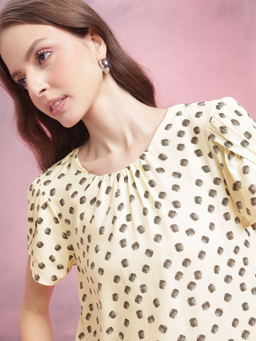 DressBerry Polka Dot Print Puff Sleeves Top