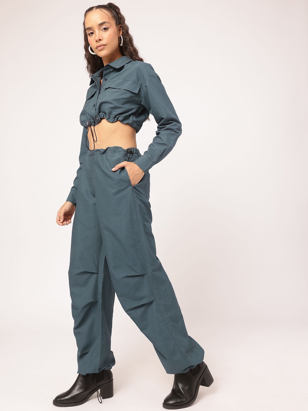 DressBerry Relaxed Refinement Crop Shirt & Parachute Pants Co-Ords with Toggles