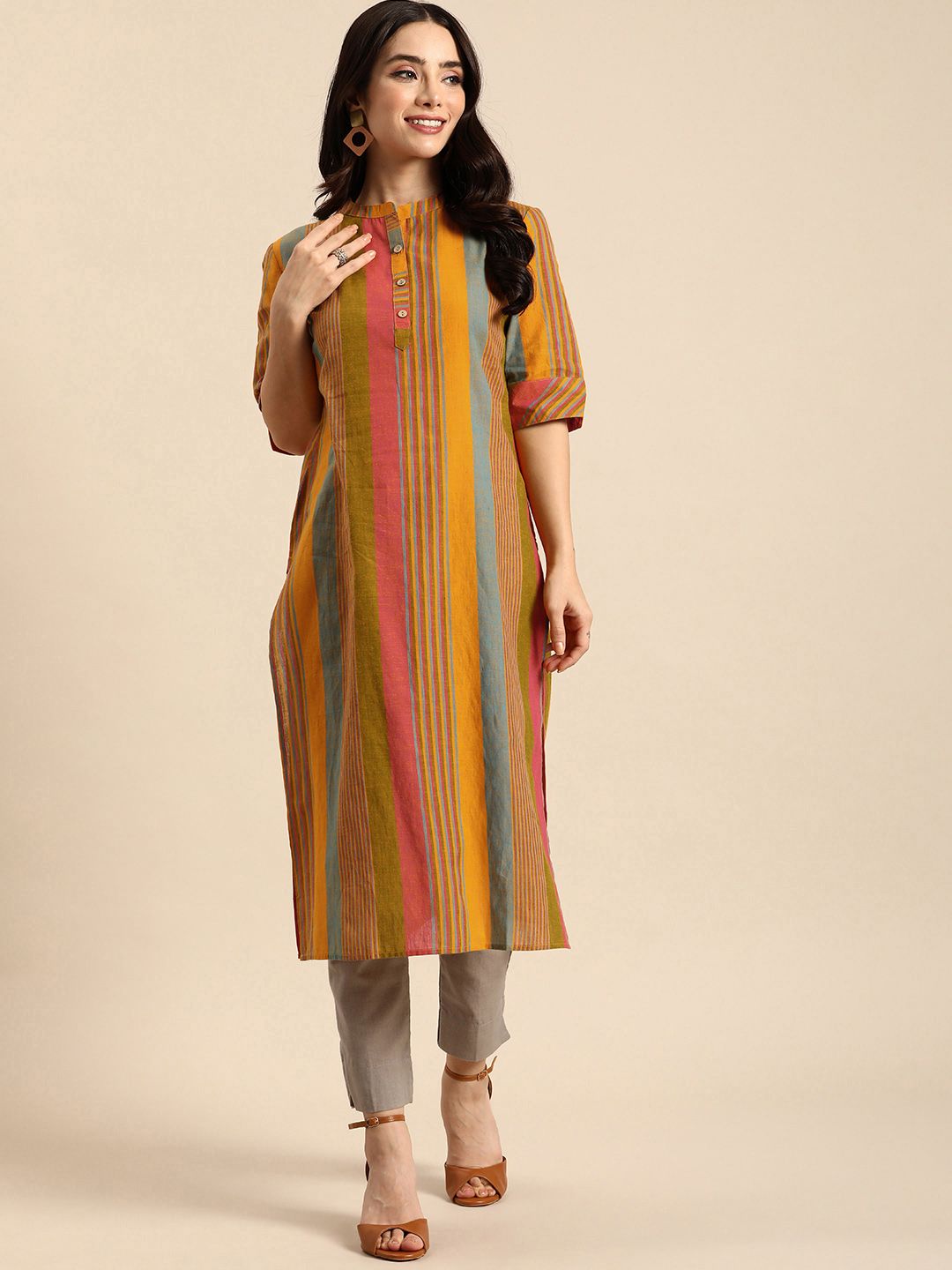 Anouk Women Striped Cotton Kurta
