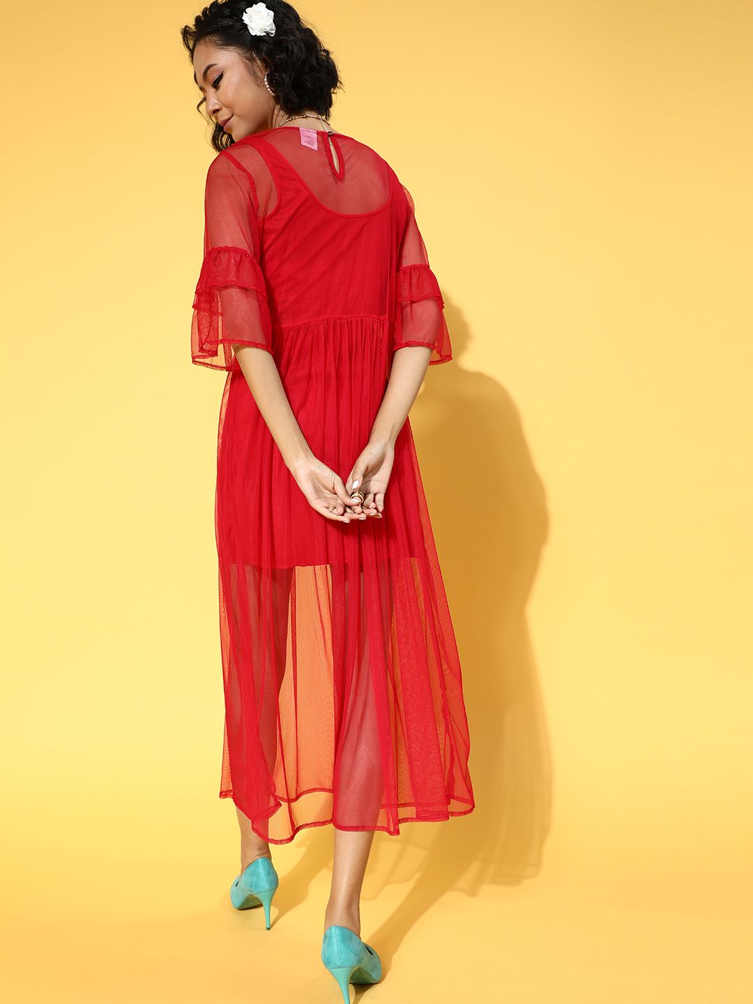 Athena Women Chic Red Solid Sheer Dress
