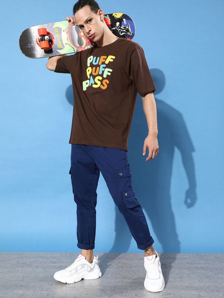 Difference of Opinion Men Brown Typography Embroidered Oversize Pure Cotton Longline T-shirt